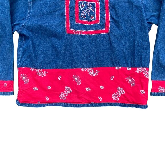 Vintage Denim Patchwork Red Bandana Jean Jacket Western Cowgirl Paisley Rodeo-XL - Picture 11 of 15